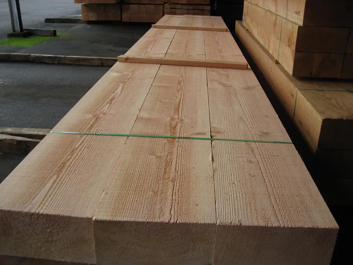 Bundled rough-sawn Douglas fir timbers