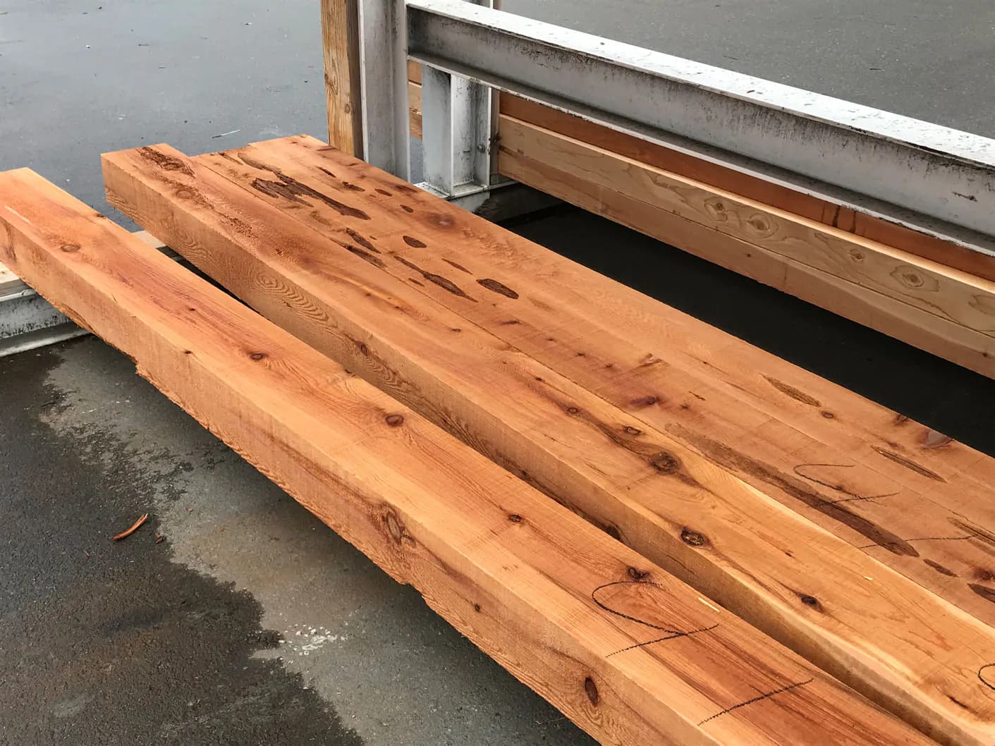 Long incense cedar timbers showing natural character marks