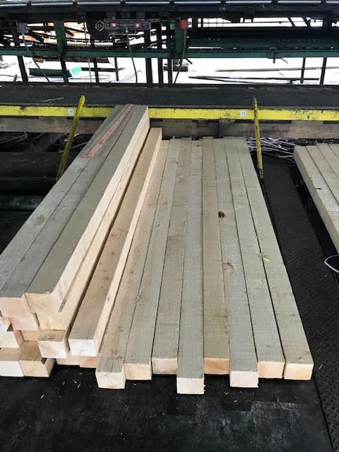 Fresh Port Orford cedar boards on mill equipment