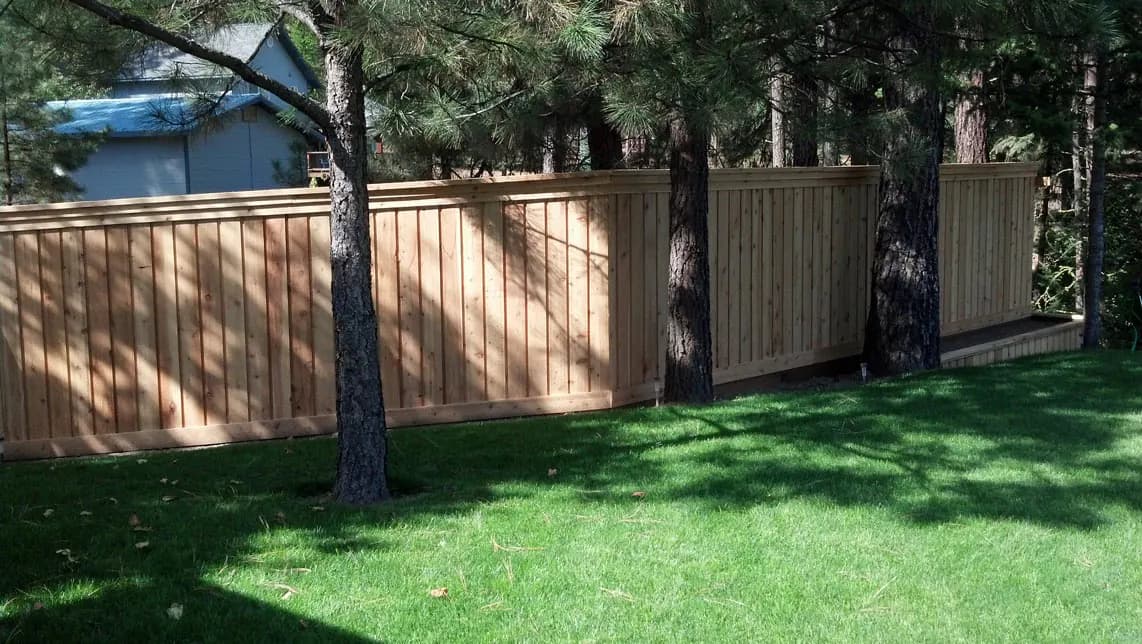 Western red cedar privacy fence installed among pine trees